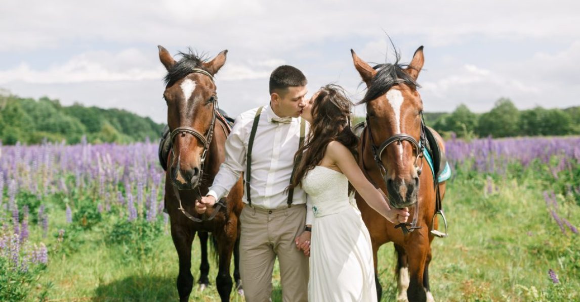 Wedding couple horses on the ranch Wedding couple horses on the ranch