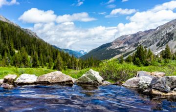 Hot springs blue pool on Conundrum Creek Trail in Aspen, Colorado in 2019 summer with rocks stones and valley view with nobody Hot springs blue pool on Conundrum Creek Trail in Aspen, Colorado in 2019 summer with rocks stones and valley view with nobody